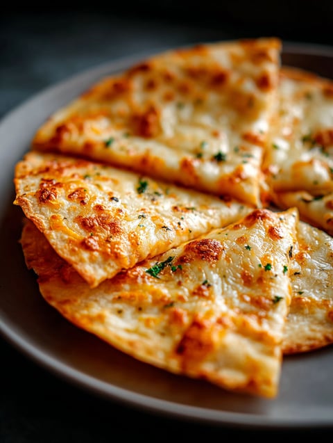 A slice of crispy air fryer tortilla garlic bread.