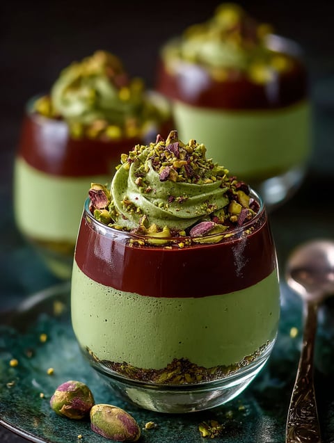 A glass of pistachio mousse with a spoon.
