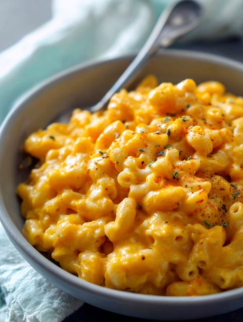 A bowl of macaroni and cheese with a spoon in it.