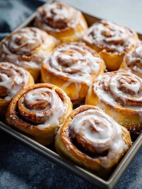 A pan of cinnamon rolls.