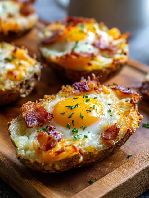 Twice baked breakfast potatoes with bacon and egg.