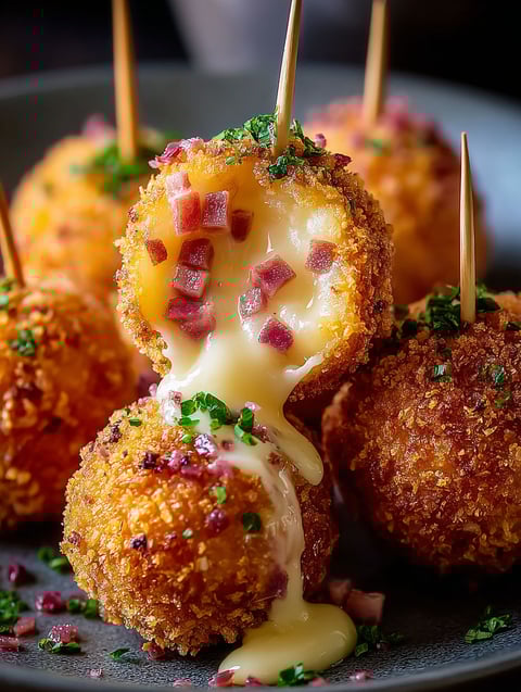 A plate of Cordon Bleu bites with cheese dripping off of them.