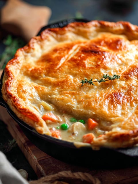 A double crust chicken pot pie with a sprig of parsley on top.