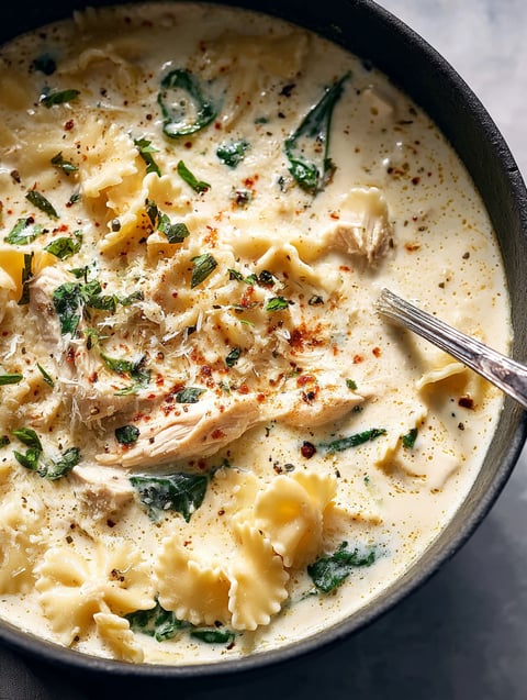 A bowl of chicken Alfredo soup with noodles and green vegetables.