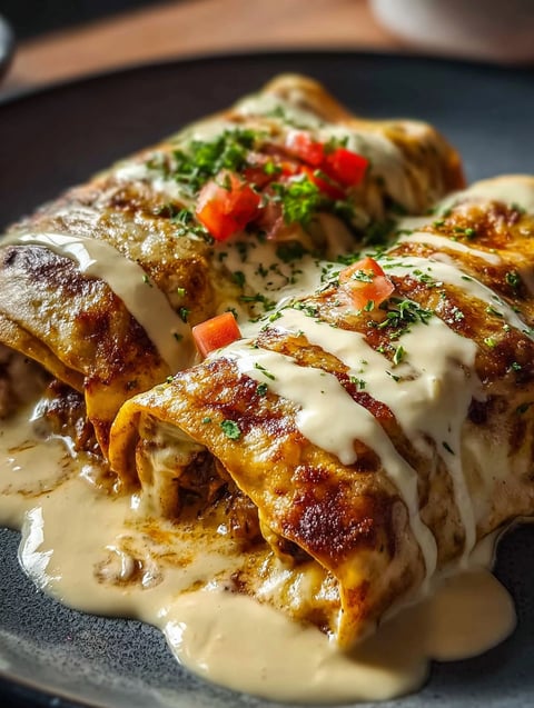 A plate of cheesy chicken enchiladas with creamy sauce.