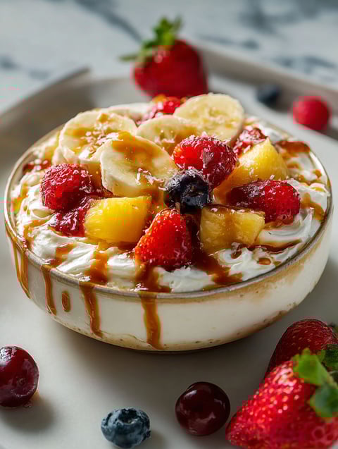 A bowl of fruit salad with bananas, strawberries, and blueberries.