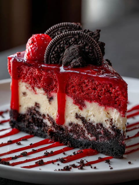 A slice of red velvet oreo cheesecake.
