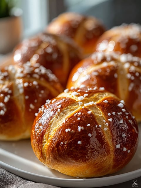Soft pretzel buns with a dusting of sugar.