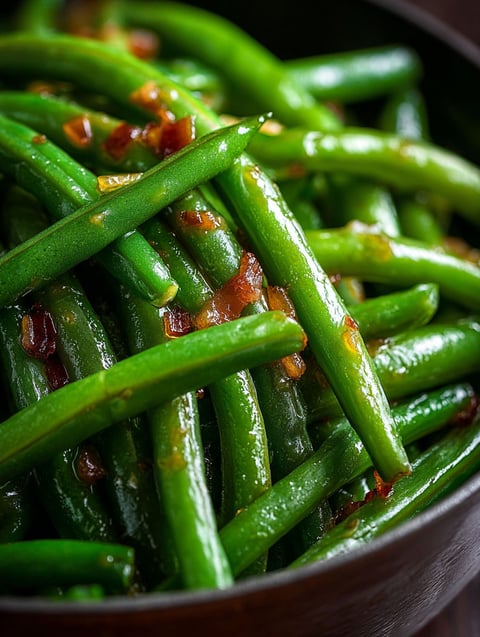 Green beans with brown sauce.
