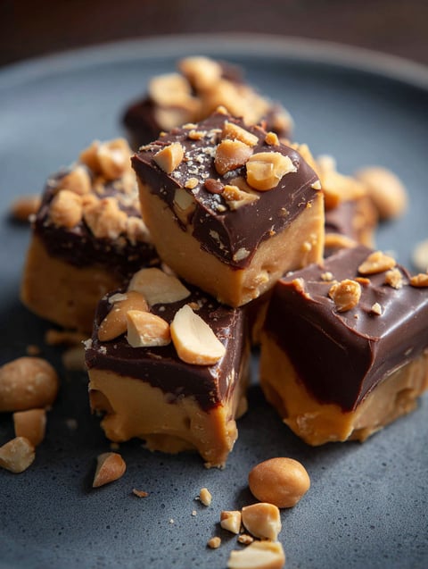 A plate of healthier no bake snickers bites.