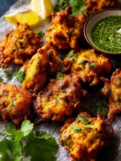 A plate of fried food with a green sauce.