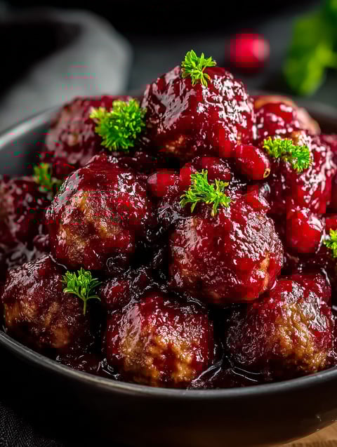 A bowl of meatballs with cranberries on top.