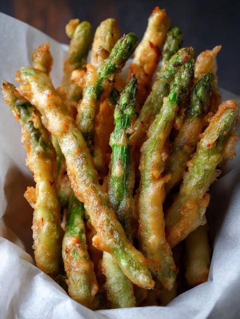 A plate of beer-battered asparagus.