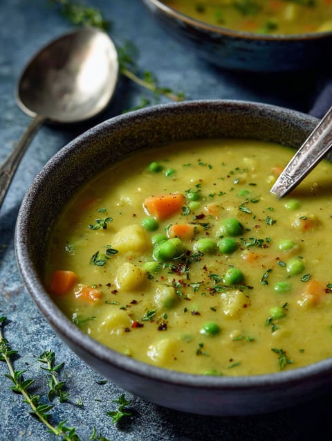 A bowl of soup with peas and carrots.