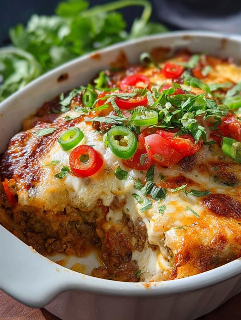 A delicious Keto Taco Casserole with a variety of toppings.