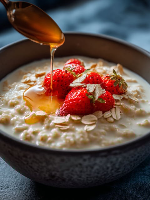A bowl of oatmeal with strawberries and honey.