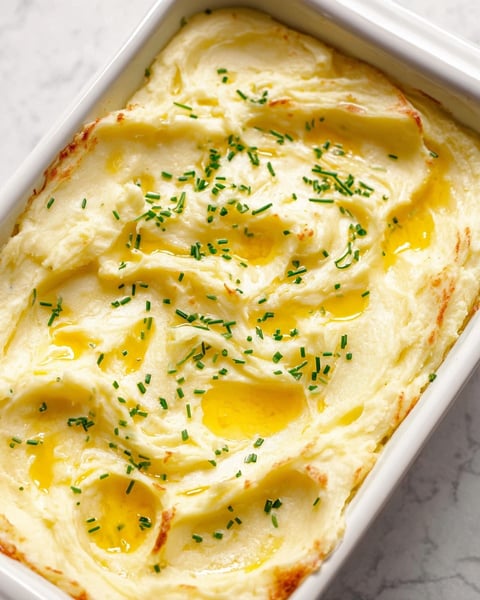 A white dish with mashed potatoes and green herbs.