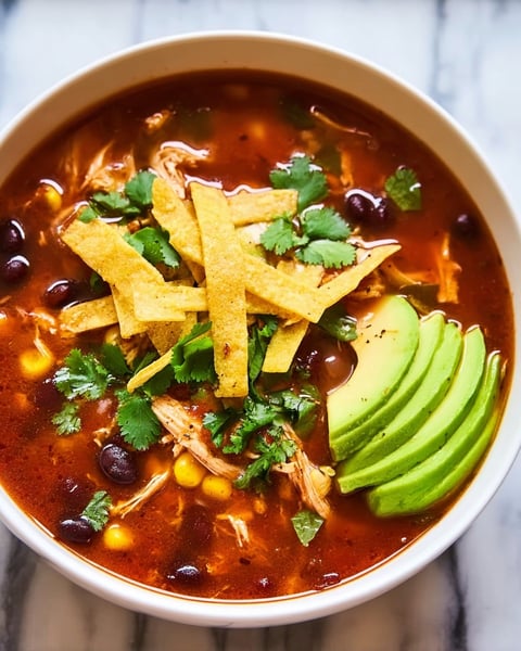 A bowl of chicken tortilla soup with avocado and chips.
