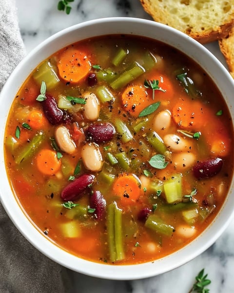 A bowl of soup with vegetables and beans.