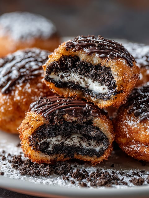 Air fryer fried oreos with chocolate drizzle.