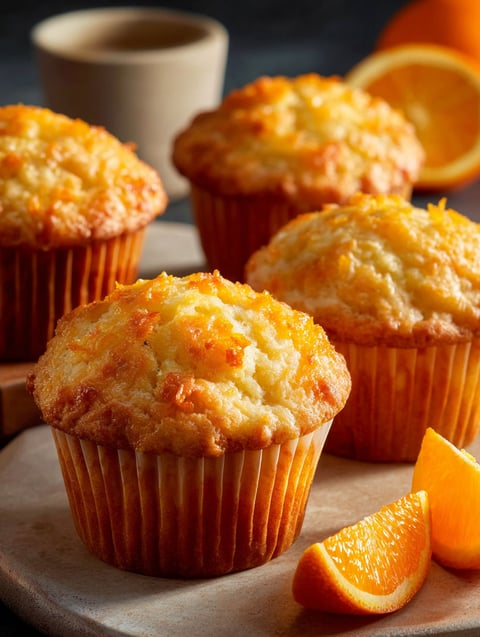A plate of muffins with a slice of orange on it.