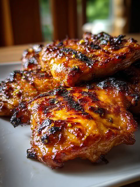 A plate of grilled chicken with a sauce.