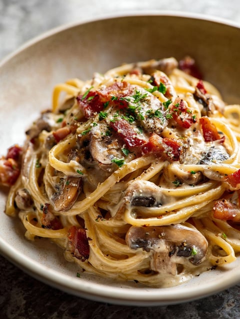 A bowl of creamy bacon and mushroom pasta.