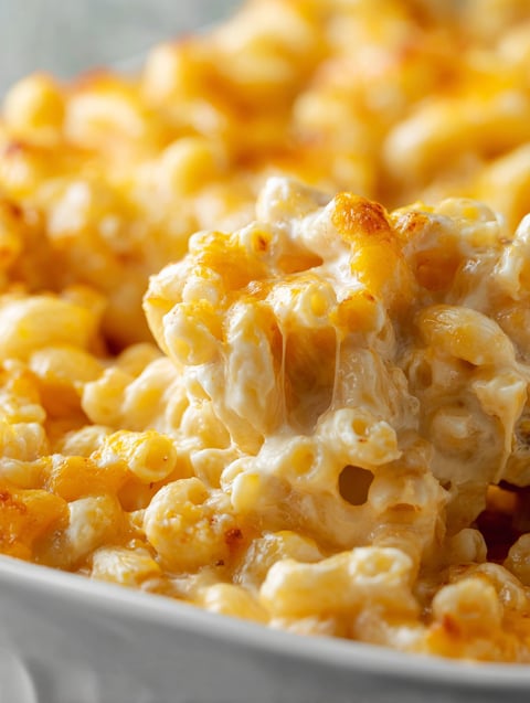 A close up of a delicious mac and cheese dish.