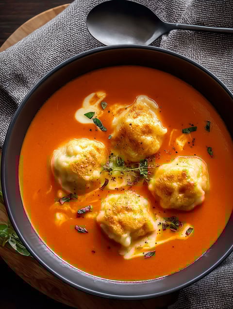A bowl of tomato soup with cheese dumplings.