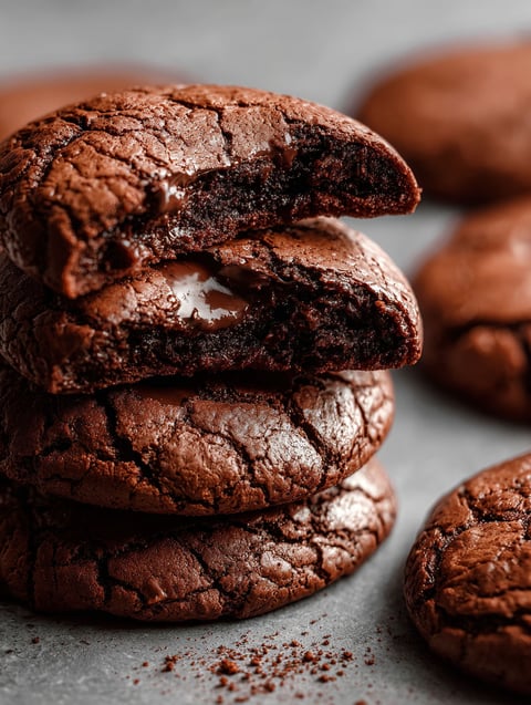 Chocolate brownie cookies stacked on a table.