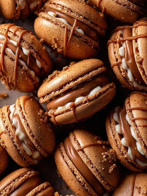 Gingerbread macarons with chocolate drizzle.