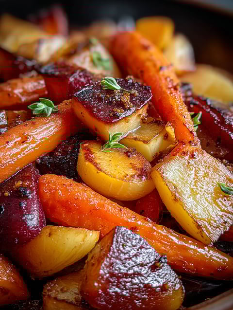 A dish of roasted apples and carrots.