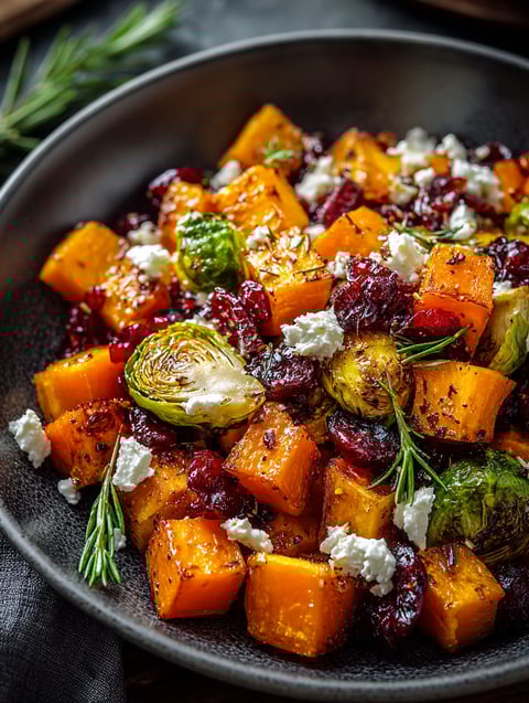 A bowl of roasted butternut squash salad with cranberry glaze.
