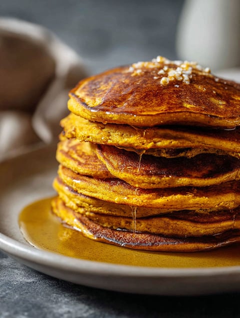 Pumpkin pancakes stacked on a plate.