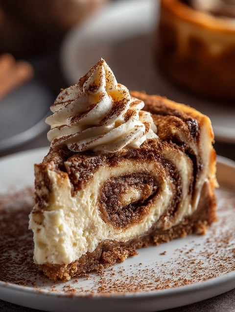 A slice of cinnamon roll cheesecake with whipped cream on top.