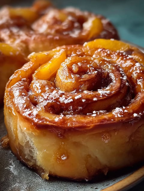 Two peach pie cinnamon rolls on a plate.