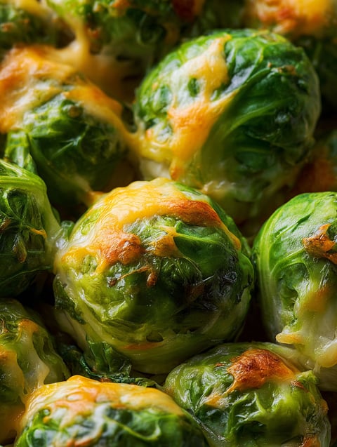 A plate of Brussels sprouts with cheese on top.