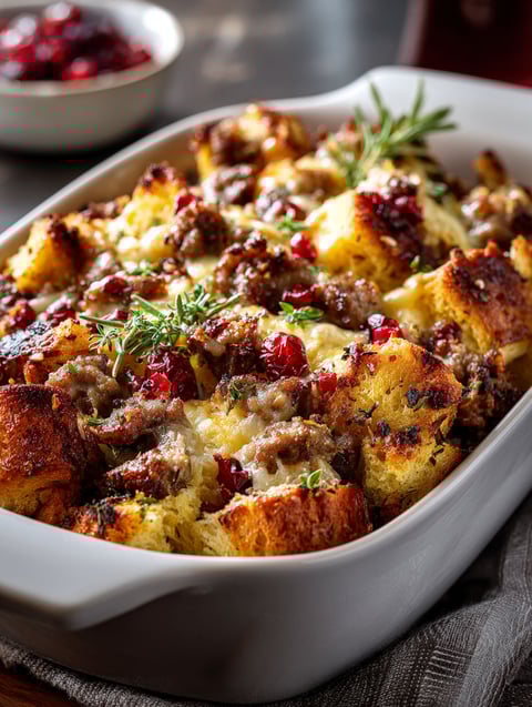 A casserole with sausage and cranberries.