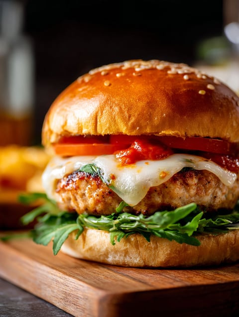 A close up of a chicken burger with tomatoes and cheese.