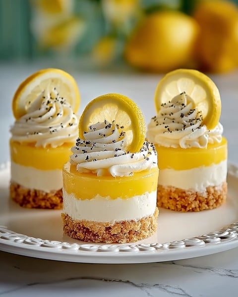 Three mini lemon cheesecakes on a plate.