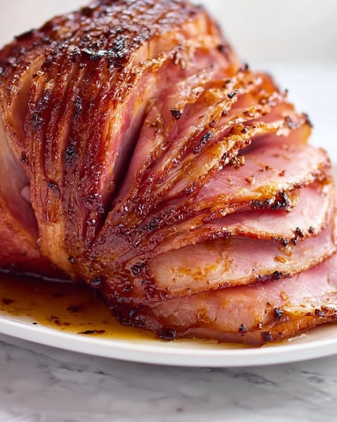 A honey baked ham on a plate.