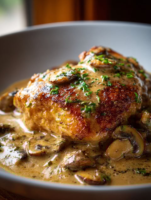 A close up of a delicious crockpot chicken and gravy meal.