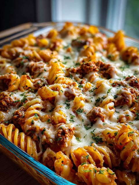 A cottage cheese protein pasta bake with ground beef.