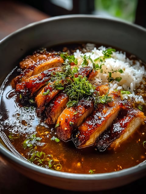 A bowl of caramelized soy chicken in garlic ginger.