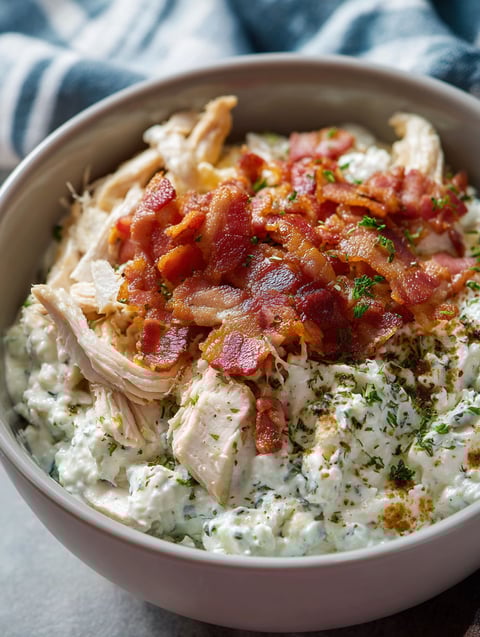 A bowl of chicken, bacon, and ranch cottage cheese.
