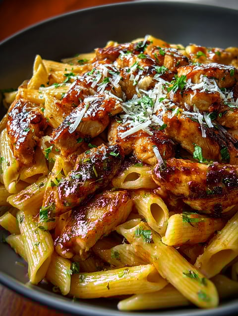 A plate of food with chicken and pasta.