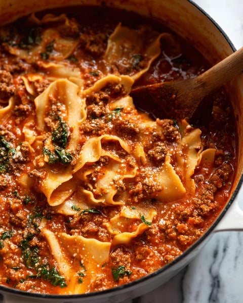 A bowl of lasagna soup with a spoon in it.