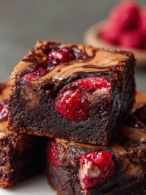 A stack of brownies with raspberry swirls.