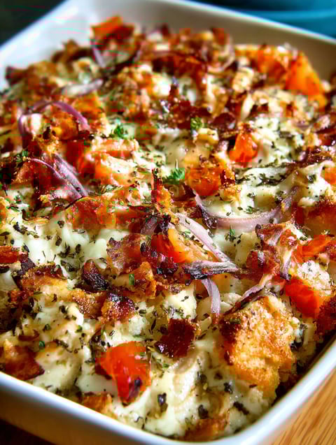 A delicious chicken bruschetta casserole.