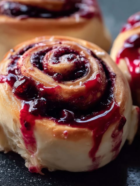 A close up of a cinnamon roll with cherries.